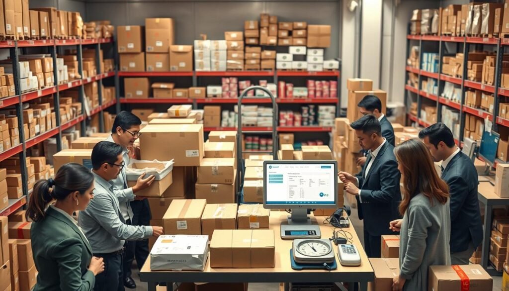 A detailed, instructional illustration of the process of consolidating goods for purchase in the United States, focusing on the steps involved in a package consolidation service. In the foreground, a diverse group of individuals in professional attire is shown working together in a well-organized warehouse. They are surrounded by boxes and packing materials, meticulously arranging items for shipment. The middle ground captures a table with labeled packages, scales for weighing, and a computer displaying shipping details. In the background, shelves filled with assorted products reflect the bustling environment. Soft, natural lighting creates a warm and inviting atmosphere, while a camera angle from slightly above emphasizes the teamwork and efficiency of the process.