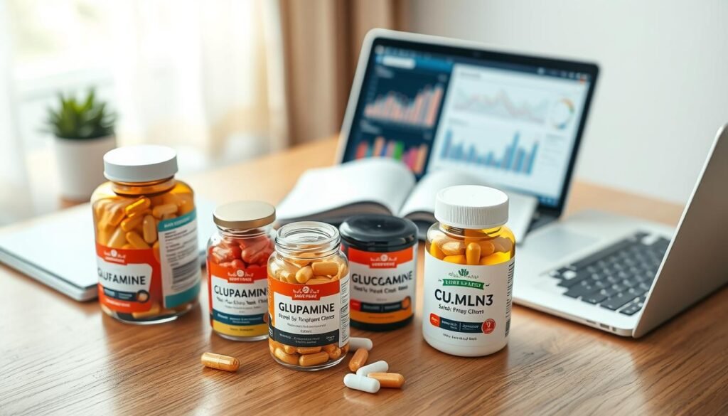 A professional and inviting workspace featuring a neatly arranged selection of top-quality American health supplements for joint health, such as glucosamine and omega-3 capsules. In the foreground, a polished wooden desk displays elegant glass jars filled with colorful, well-labeled supplements. In the middle ground, a notebook and a laptop are open, showcasing charts and information about product benefits. The background features soft, natural lighting flowing through a window, illuminating the products and creating a warm atmosphere. The scene conveys a sense of trust and reliability, perfect for helping readers choose the best US vendors for joint health products. The composition should be shot from a slight overhead angle, ensuring clarity and focus on the supplement details, all while maintaining a clean and professional aesthetic.