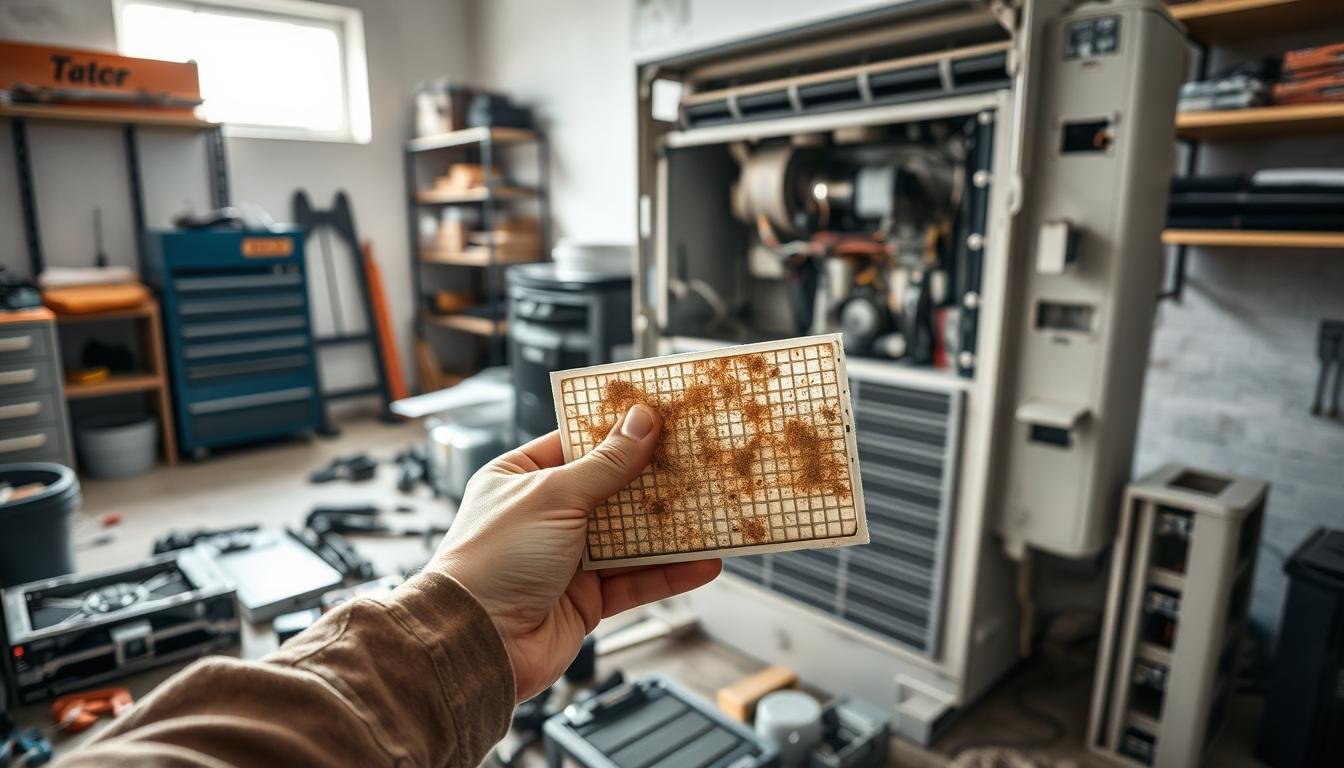A technician in a well-lit maintenance workshop inspects an air conditioning unit with various disassembled parts scattered around. In the foreground, a close-up view of the technician’s hands is shown, holding a partially clogged filter with visible dust particles. In the middle ground, the open casing of the air conditioning unit reveals intricately detailed internal components like the blower fan, refrigerant lines, and circuit board. The background features shelves with tools and spare parts, creating an organized yet slightly cluttered atmosphere. Soft, diffused natural light filters through a nearby window, casting gentle shadows. The overall mood is focused and professional, emphasizing the careful evaluation of essential parts to determine whether replacements are necessary.