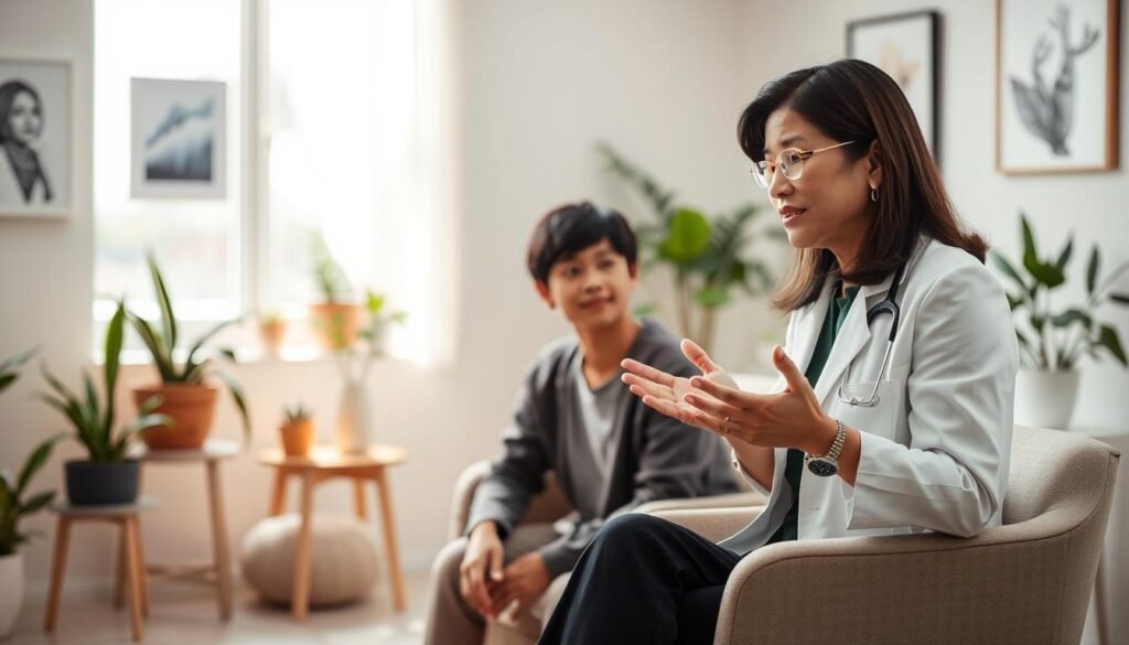 A serene, well-lit therapy room depicting a compassionate psychiatrist engaged in conversation with a patient. In the foreground, the psychiatrist, a middle-aged Asian woman in professional attire, is seated, displaying supportive body language. The patient, a young adult, appears attentive and hopeful, sitting on a comfortable chair. In the background, calming elements such as potted plants, soft lighting, and soothing artwork adorn the walls, creating a tranquil atmosphere. A window allows natural light to filter in, enhancing the sense of peace. This image captures the essence of anxiety treatment methods and the importance of early intervention, conveying a mood of trust and healing within a professional setting.