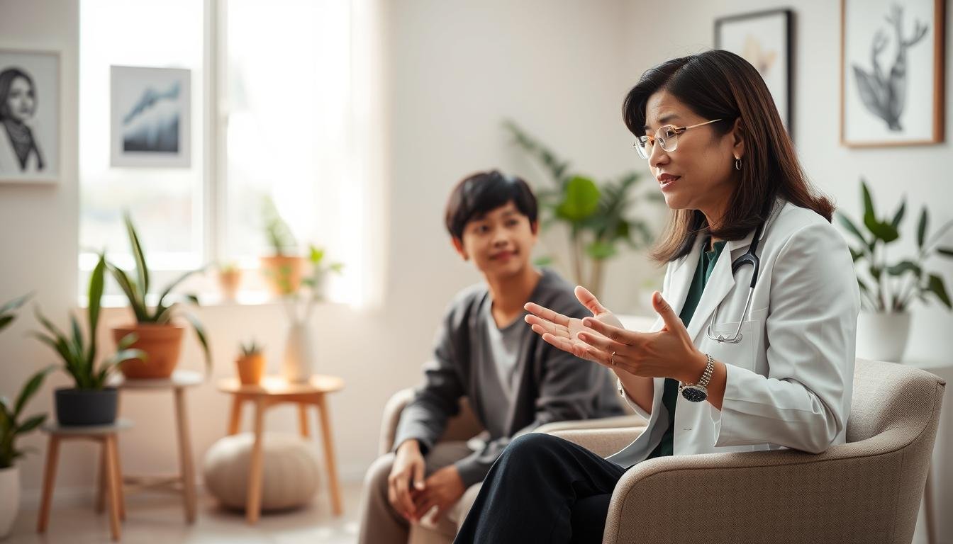 A serene, well-lit therapy room depicting a compassionate psychiatrist engaged in conversation with a patient. In the foreground, the psychiatrist, a middle-aged Asian woman in professional attire, is seated, displaying supportive body language. The patient, a young adult, appears attentive and hopeful, sitting on a comfortable chair. In the background, calming elements such as potted plants, soft lighting, and soothing artwork adorn the walls, creating a tranquil atmosphere. A window allows natural light to filter in, enhancing the sense of peace. This image captures the essence of anxiety treatment methods and the importance of early intervention, conveying a mood of trust and healing within a professional setting.