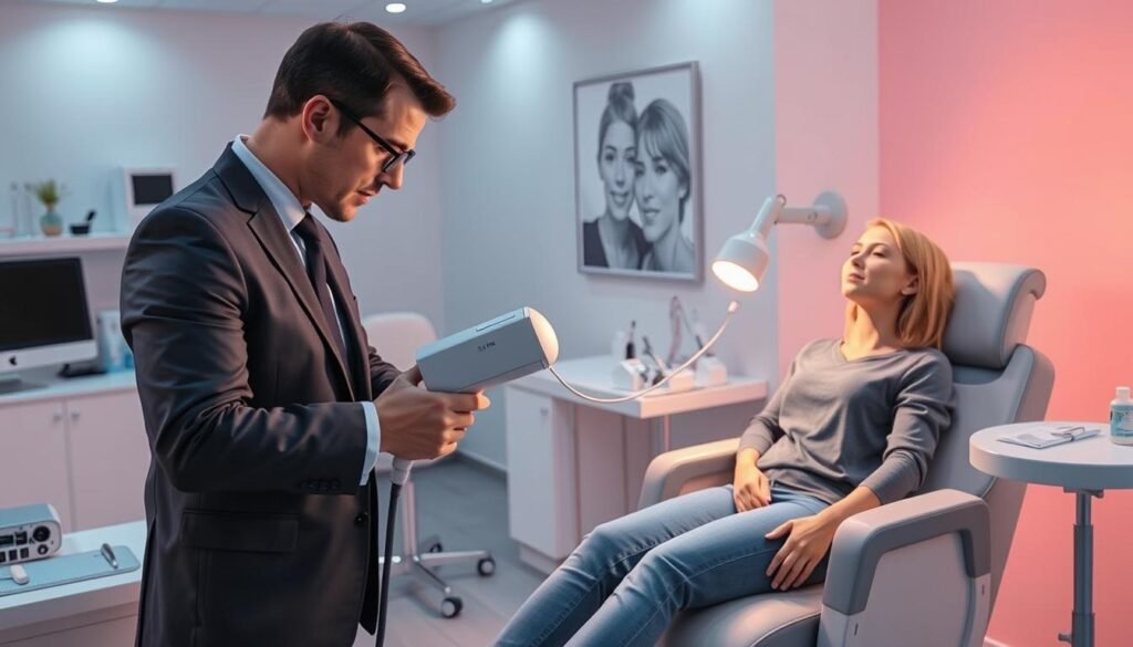 A detailed illustration of a laser hair removal treatment process for students. In the foreground, a professional clinician in smart business attire is preparing a laser device while explaining the procedure to a student, who is seated in a comfortable treatment chair, dressed in modest casual clothing. The middle ground features various medical instruments and a consultation table with skin assessment tools. The background includes a clean, modern clinic with soothing colors and soft ambient lighting, enhancing a calm atmosphere. The scene captures the clinician’s focused demeanor, highlighting the professionalism of the environment and the importance of pre-treatment skin evaluation, with a gentle, informative mood. The angle is slightly angled downward to emphasize both the clinician and student interaction.