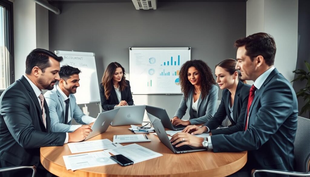 A professional accounting team in a modern office setting, engaged in collaborative discussions around financial reports and laptops. The team consists of four diverse professionals: two men and two women, all dressed in smart business attire, reflecting professionalism and expertise. The foreground features them working together at a large round table, papers, and digital devices scattered around them. In the middle, a large window lets in natural light, casting soft shadows, while a whiteboard in the background displays charts and graphs related to financial strategies. The mood is focused and diligent, emphasizing trust and collaboration in accounting services, suitable for a corporate environment. Give a sense of clarity and organization in the composition, shot with a wide-angle lens to capture the dynamics of teamwork.