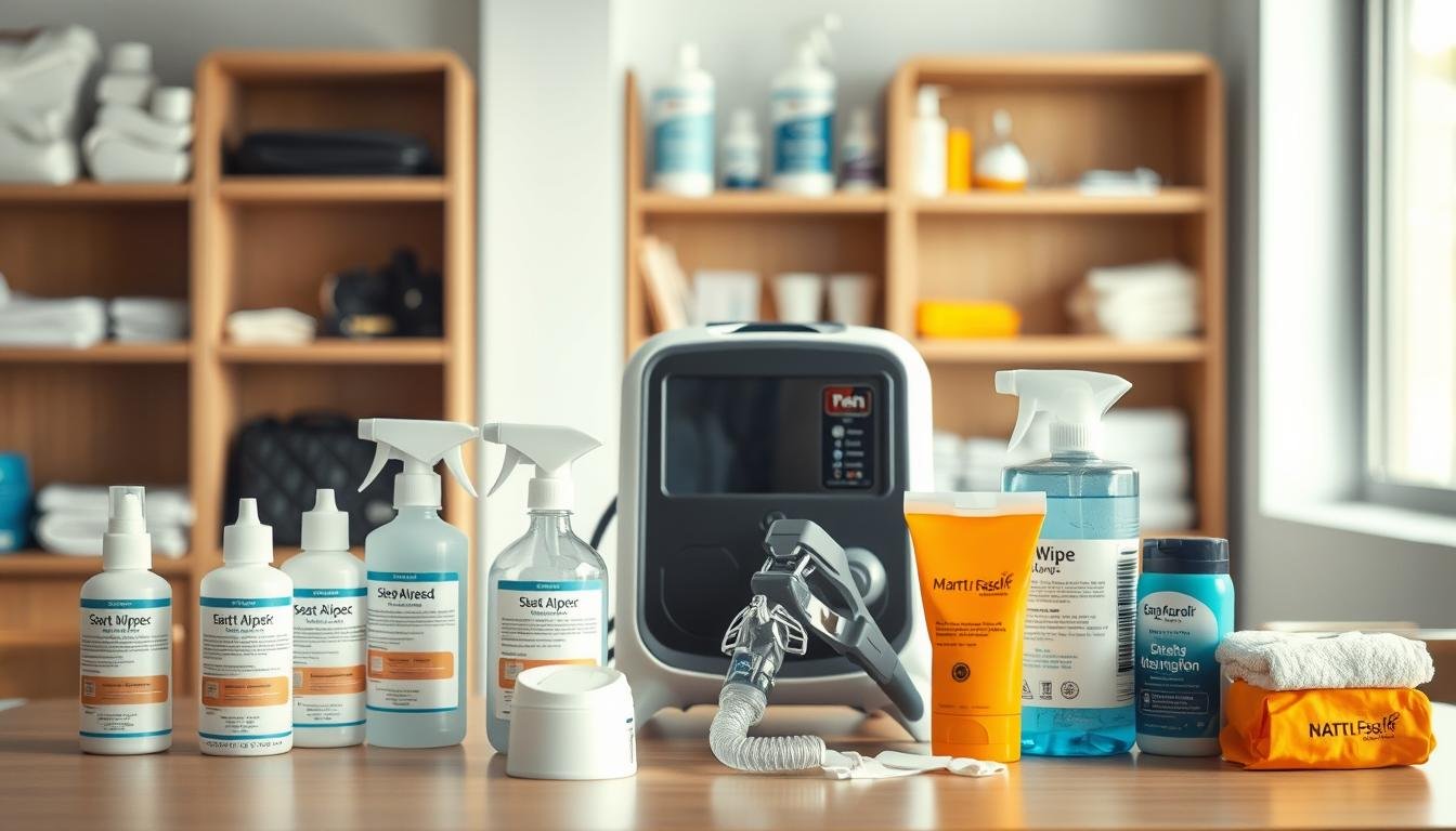 An organized and clean workspace featuring a selection of cleaning agents suitable for sleep apnea machine masks. In the foreground, a table displays various sprays and wipes, clearly labeled with their intended use. The middle ground showcases a sleep apnea machine with its mask disassembled, demonstrating proper cleaning techniques. The background includes shelves filled with additional cleaning supplies and a bright window letting in natural light, creating a fresh and sanitary atmosphere. The scene is captured with a soft focus on the background to emphasize the foreground items, invoking a sense of professionalism and care in maintaining health equipment. Overall, the mood is calm and educational, suitable for illustrating cleaning methods effectively.